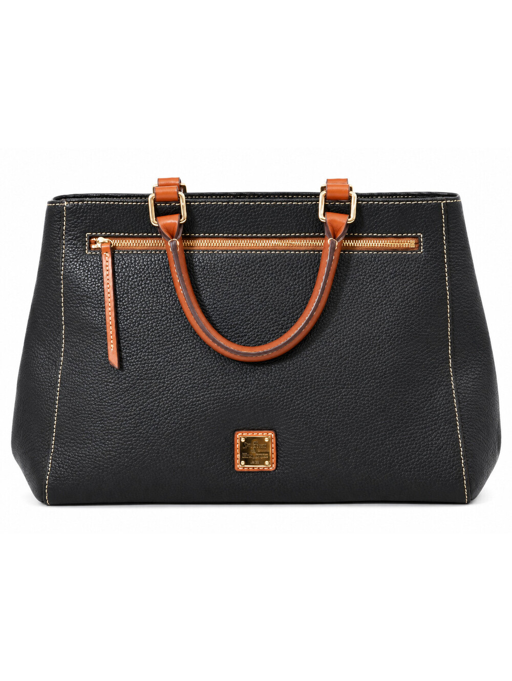 Dooney & Bourke Black Pebble Grain Leather Satchel Bag British Tan Trim w/ COA